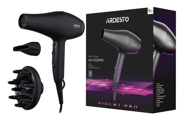 Фен Ardesto Violet PRO HD-Y222PRO , 1850-2200Вт, 2 скорости,  3 темп.режима, диффузор, черный