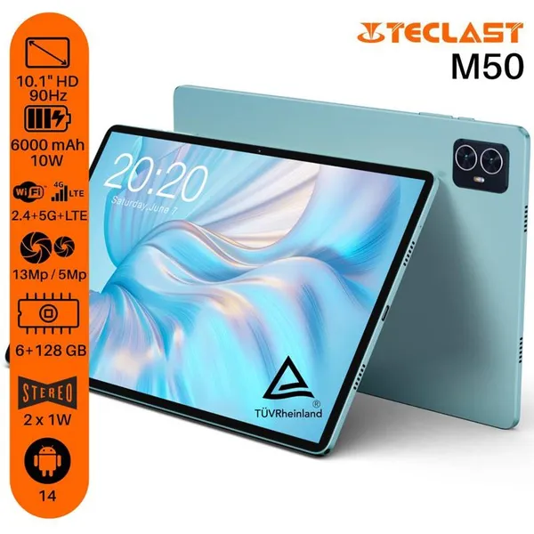 Планшет Teclast M50 10.1" 6ГБ, 128ГБ, LTE, 6000мА•ч, Android, голубой