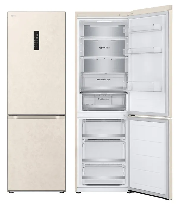 Холодильник LG с нижн. мороз., 186x60х68, холод.отд.-234л, мороз.отд.-110л, 2дв., E, NF, инв., диспл внешн., Fresh Сonverter, Metal Fresh, бежевый