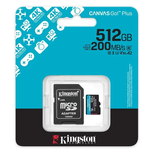 Карта памяти Kingston microSD  512GB C10 UHS-I U3 A2 V30 R200/W160MB/s + SD