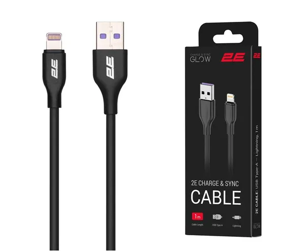 Кабель USB-A > Lightning заряджання/синхронізації 2E 1м, Glow, чорний