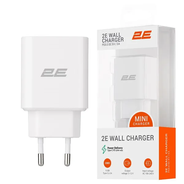 Зарядное устройство сетевое 2E 20Вт USB-C PD, белый
