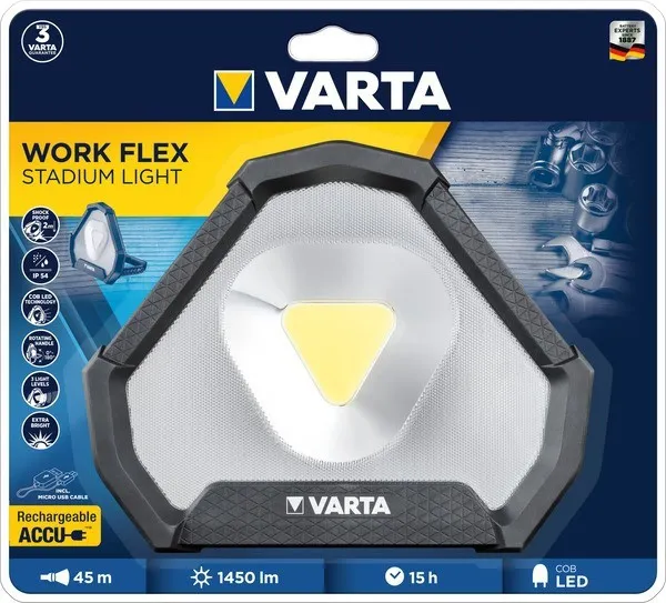 Ліхтар VARTA Інспекційний Work Flex Stadium,  IP54, до 1450 люмен, до 45 метрів, 3 режими,  передзаряджаємий ліхтар, Micro-USB відгуки