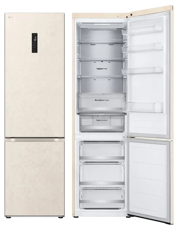 Холодильник LG з нижн. мороз., 203x60х68, холод.відд.-277л, мороз.відд.-110л, 2дв., E, NF, інв., диспл зовн., Fresh Сonverter, Metal Fresh, бежевий