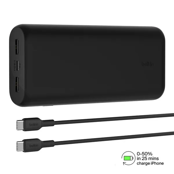 Портативное зарядное устройство Power Bank Belkin 20000мАч, 20Вт, 2хUSB-A/USB-C, черный