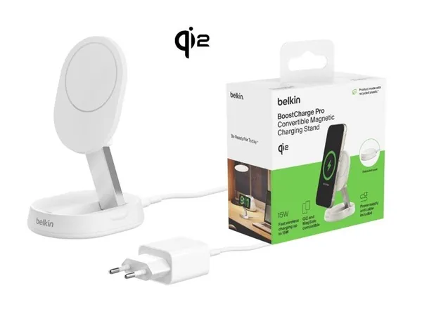 Зарядное устройство безпроводное Belkin 15Вт Stand Magnetic Qi2, белый