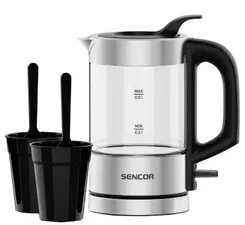 Электрочайник Sencor 0.5л, Strix, пластик, в комплекте 2 стакана + 2ложки, скло, нерж.сталь фото