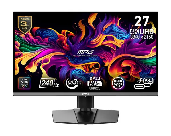 Монітор MSI 26.5" MPG 272URX QD-OLED 2xHDMI, DP, 2xUSB, USB-C, Audio, OLED, 3840x2160, 240Hz, 0.03ms, DCI-P3 99%, AdaptiveSync, Pivot, HDR400