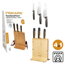 Набір ножів Fiskars Functional Form, бамбукова підставка, 3шт, нержавіюча сталь, пластик, бамбук, чорний фото