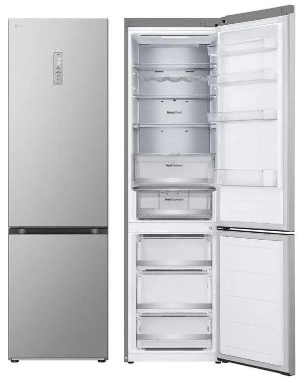 Холодильник LG с нижн. мороз., 203x60х68, холод.отд.-277л, мороз.отд.-107л, 2дв., А++, NF, инв., диспл внешн., Fresh Сonverter, Metal Fresh, серебристый