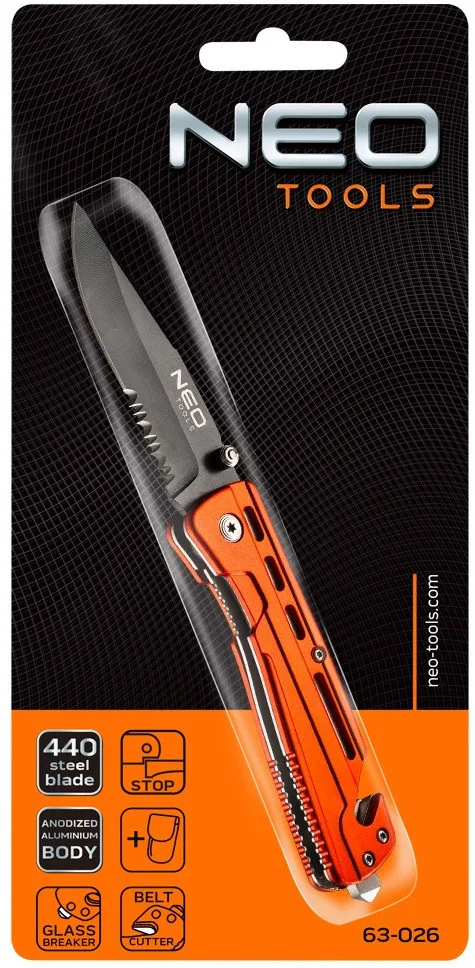 Нож складной с фиксатором Neo Tools, с лезвием 8,5 см для разрезания ремней из стали 440, чехол, 110 г фото №2