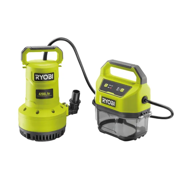 Насос для брудної та чистої води Ryobi ONE+ RY18SPA-0 18В 4200л/год висота перекачування 8м занурення 5м штуцер 1" таймер відключення захист сухого ходу 4кг (без АКБ та ЗП)