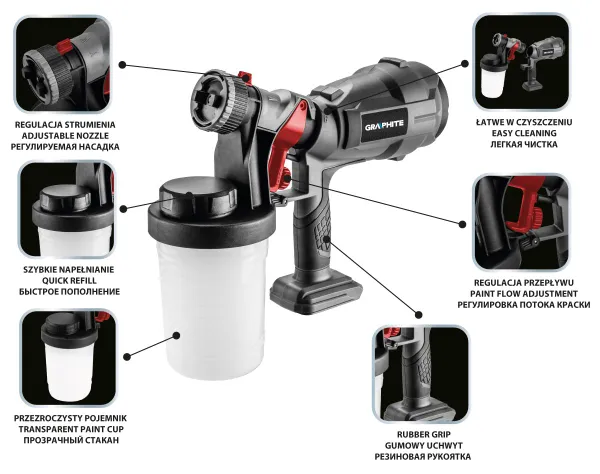 Купить Краскораспылитель аккумуляторный GRAPHITE Energy+ 18В 700мл·мин бачок 900мл 1.45кг без АКБ и ЗП