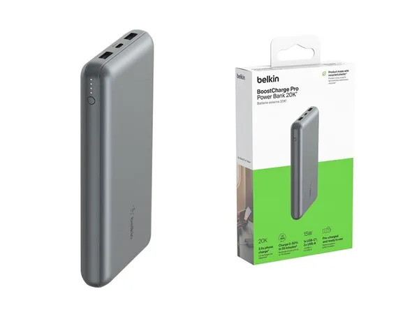 Акумулятор портативний літій-іонний Power Bank Belkin 20000мА·год, 15Вт, 2хUSB-A/USB-C, cірий