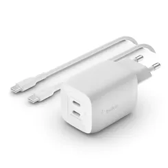 Зарядное устройство сетевое Belkin 65Вт 2хUSB-С GAN PD PPS, кабель USB-С > USB-C, 2м, белый фото