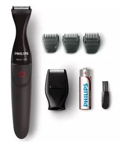 Триммер Philips Multigroom series 1000 для бороды и усов, 1хАА, насадок-4, сталь, черный фото