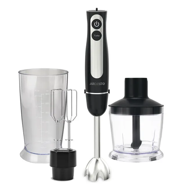 Блендер ARDESTO погружной 800Вт, 3в1, чаша-600мл, чопер-500мл, черно-серебристый