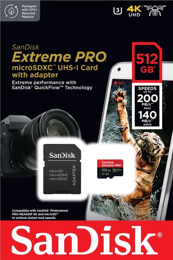 Карта пам'яті SanDisk microSD  512GB C10 UHS-I U3 R200/W140MB/s Extreme Pro V30 + SD