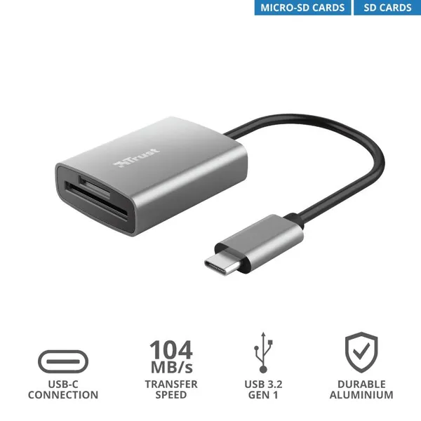 Кардрідер Trust Dalyx USB-С > SD/microSD, Алюміній, 0.08м, Сірий