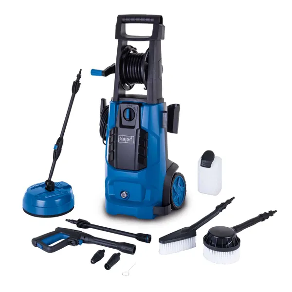 Мийка високого тиску Scheppach HCE2800, 230В/50Гц, 2.4 кВт, 180 бар, 480 л/год, IP X5, шланг 5м, котушка для шланга,10 аксесуарів, 12 кг