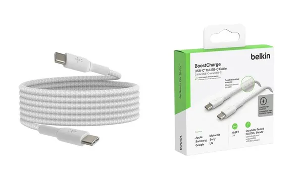 Кабель USB-C > USB-C заряджання/синхронізації Belkin 2м, 60Вт, Type-C, плетений, білий