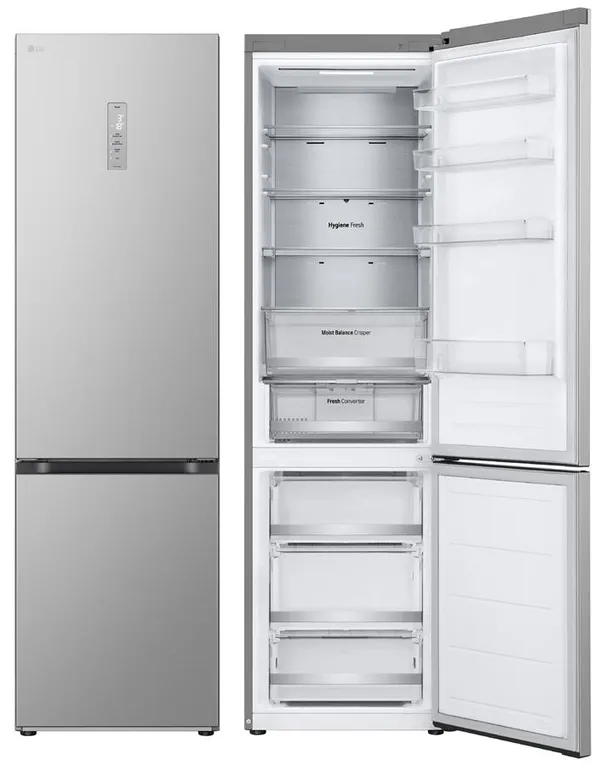 Холодильник LG з нижн. мороз., 203x60х68, холод.відд.-277л, мороз.відд.-110л, 2дв., E, NF, інв., диспл зовн., Fresh Сonverter, Metal Fresh, сріблястий
