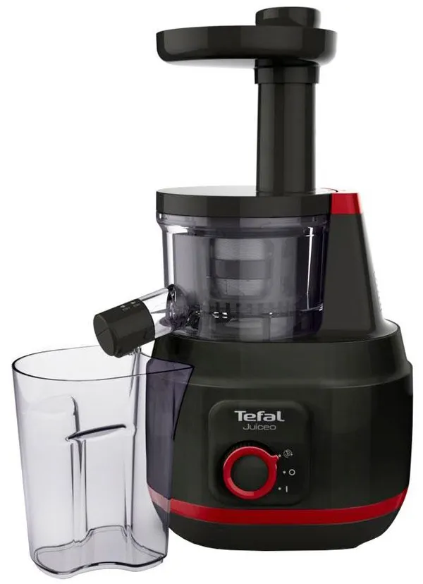 Соковыжималка Tefal Juiceo шнековая 150Вт, чаша-0.8л, жмых-0.8л, насадка для цитрусовых, пластик, черно-крассный