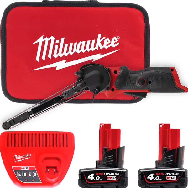 Стрічкова шліфувальна машина 13мм M12 FBFL13-402В MILWAUKEE (+ заряд.пристрій, 2 акум., сумка для інструментів)