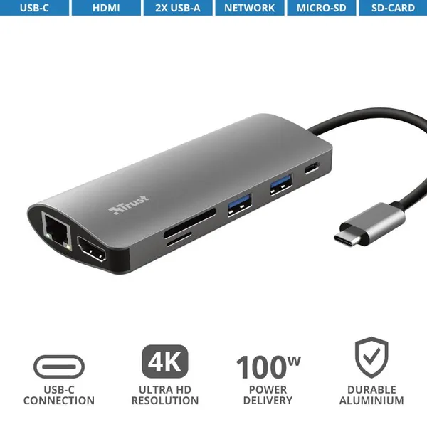 Хаб Trust DALYX 7-IN-1 USB-С > 2xUSB-А 3.2/USB-С/HDMI/Ehernet/SD/microSD, Алюминий, 0.25м, Серый