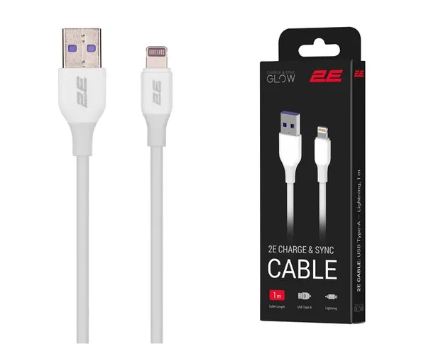 Кабель USB-A > Lightning заряджання/синхронізації 2E 1м, Glow, білий