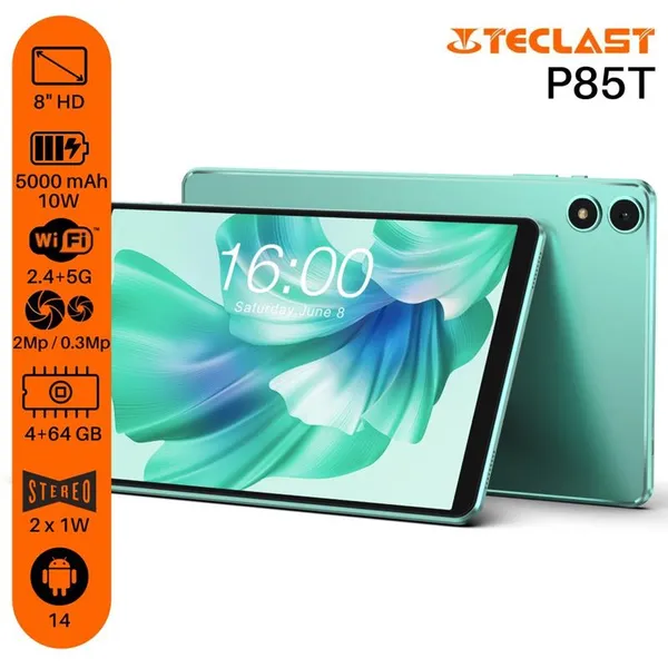 Планшет Teclast P85T 8" 4ГБ, 64ГБ, 5000мА•ч, Android, ментоловый