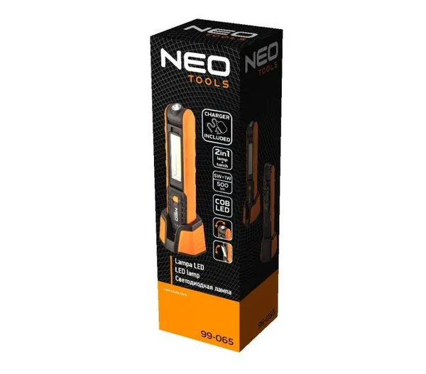 Фонарь инспекционный Neo Tools, 500 люмен, 5 Вт + 1 Вт, USB, база + ЗУ, 2600 мАч, 3.7 Li-ion, COB LED, IP20 фото №10