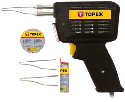Паяльник электрический TOPEX, 150Вт, 400°C, никелированная медь, паяльная паста, оловянный припой, кейс фото