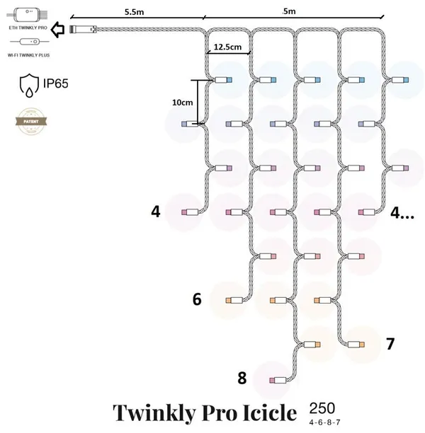 Smart LED Гирлянда Twinkly Pro Icicle RGB 250, IP65, AWG22 PVC Rubber белый