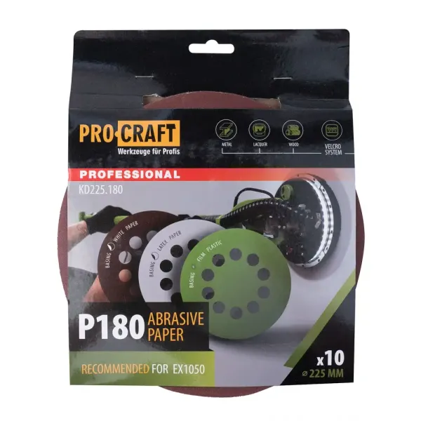 Круг шлифовальный P180, 225 мм Procraft KD225.180 на липучке (упаковка 10 шт)