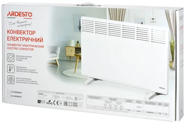 Конвектор ARDESTO, 20м2, 2000Вт, мех. упр-ння, відкритий нагрів. елемент, білий купити в Україні