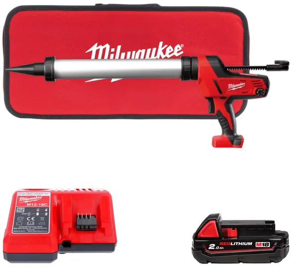 Пістолет для герметиків акумуляторний MILWAUKEE, C18 PCG/600A-201В, 600мл (+ заряд.пристрій, 1 акум., алюм. труба, в сумці для і