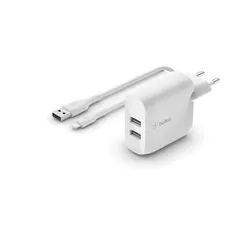 Зарядное устройство сетевое Belkin 24Вт 2хUSB-A, кабель USB-A > Lightning, 1м, белый фото