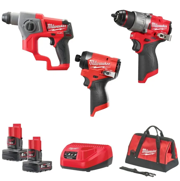 Набір інструментів акумуляторних MILWAUKEE, M12FPP3D-601B  (зарядний пристрій С12, 2 акумулятора М12 6Аг, дриль-шурповерт з удар ціна в Україні