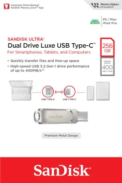 Накопичувач SanDisk  256GB USB 3.1 Type-A + Type-C Dual Drive Luxe Срібний фото