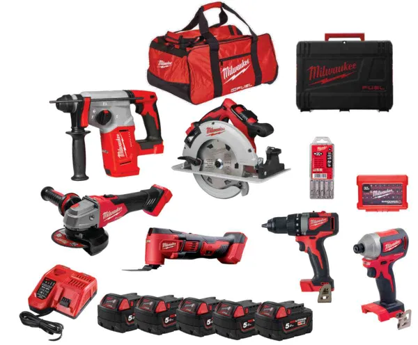 Набір інструментів акумуляторних MILWAUKEE, M18 FPP6E-505B (5 акумуляторів M18 B5 5 Аг, зарядний пристрій M12-18 FC, M18 BLDD2,