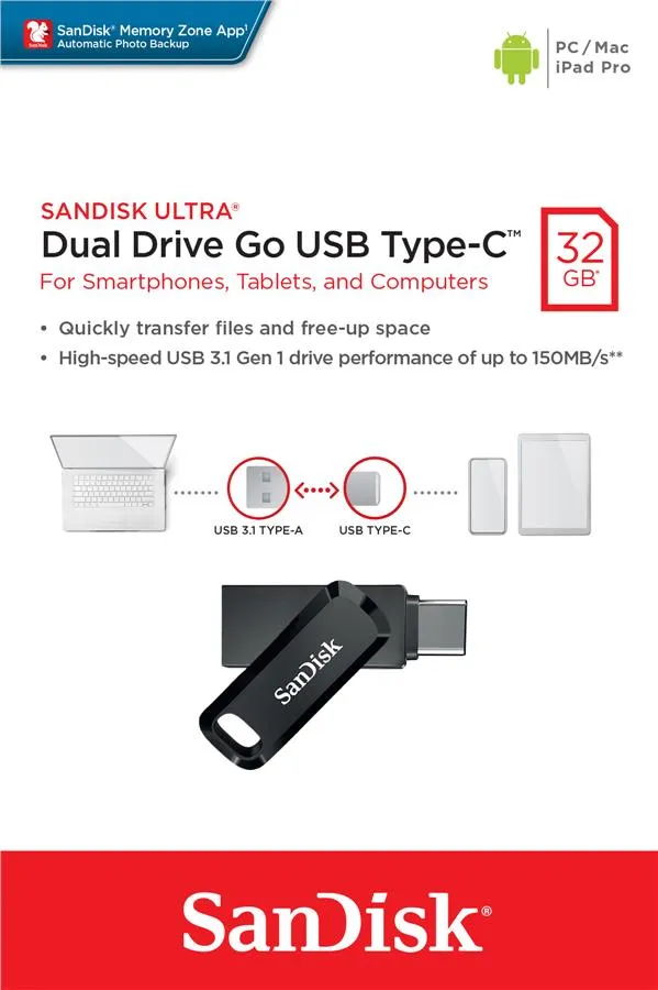 Накопичувач SanDisk   32GB USB 3.1 Type-A + Type-C Ultra Dual Drive Go Чорний