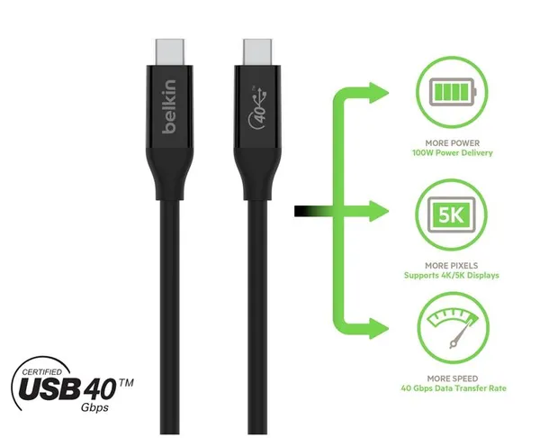 Кабель USB-C > USB-C зарядки/синхронизации Belkin 0.8м, 100Вт, Type-С, USB4, 40Гбс, черный