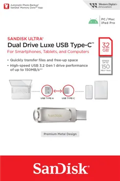 Накопичувач SanDisk   32GB USB 3.1 Type-A + Type-C Dual Drive Luxe Срібний фото