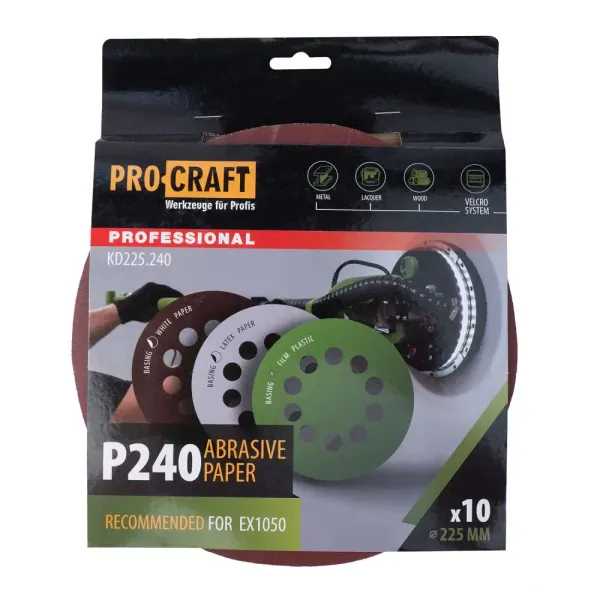 Круг шлифовальный P240, 225 мм Procraft KD225.240 на липучке (упаковка 10 шт)