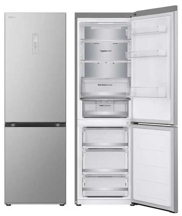 Холодильник LG с нижн. мороз., 186x60х68, холод.отд.-190л, мороз.отд.-44л, 2дв., E, NF, инв., диспл внешн., Fresh Сonverter, Metal Fresh, серебристый