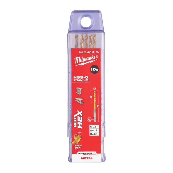 Свердло по металу RedHEX SHOCKWAVE™ HSS-TiN MILWAUKEE, діаметр 2,5х62х19мм, (10шт), пластикова коробка