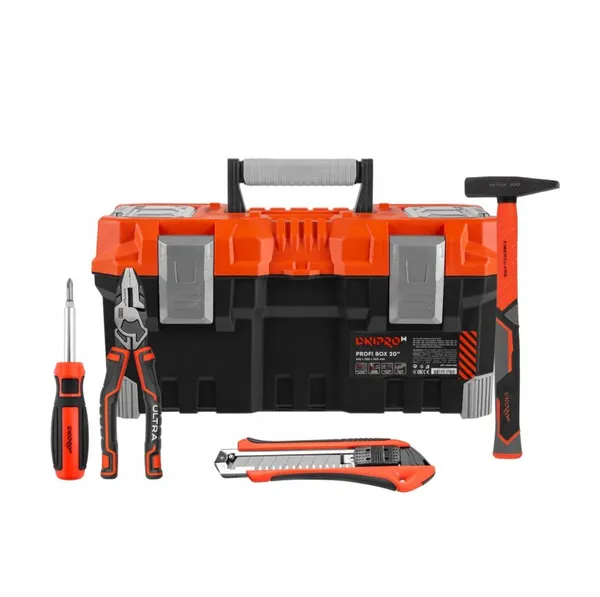 Пассатижи Dnipro-M ULTRA 185 мм + Отвертка с насадками 6 в 1 + Нож сегментный К-18 18 мм + Слесарный молоток Ultra 200 г + Ящик Profi Box 20"