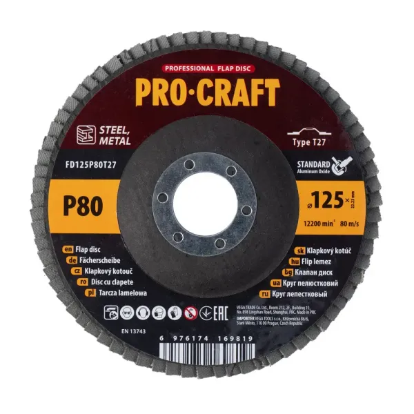 Диск лепестковый 125 мм, Р80, T27 Procraft FD125P80T27 упаковка 10 шт