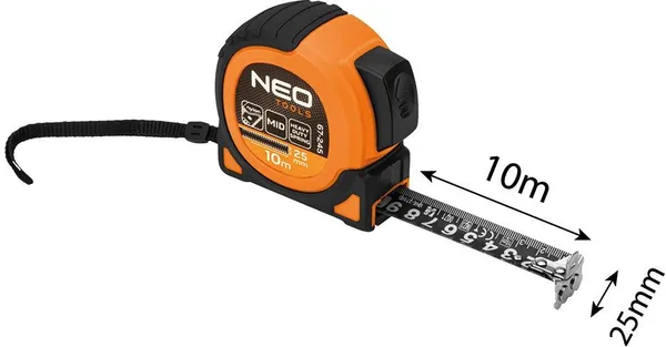 Рулетка Neo Tools Super Black, 10мx25мм, с фиксатором сматывания, магнит отзывы